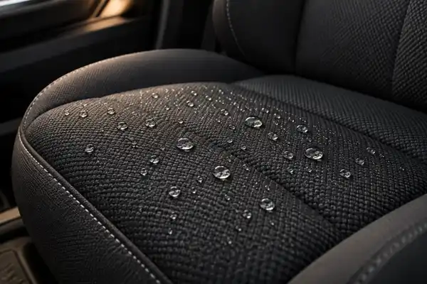 Gotas de água sobre banco de tecido preto protegido
