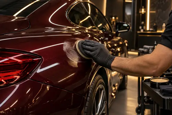 Aplicação manual de cera premium na lateral traseira de carro vinho