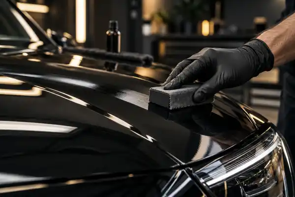 Aplicação de revestimento protetor no capô de carro preto