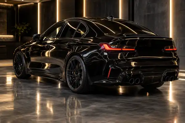 Carro preto detalhado visto de traseira no studio