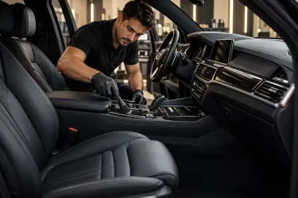 Limpeza do console de um automóvel com pincel