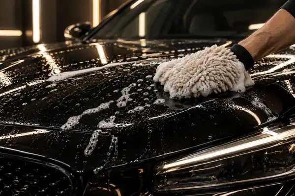 Lavagem manual de carro preto com luva de microfibra
