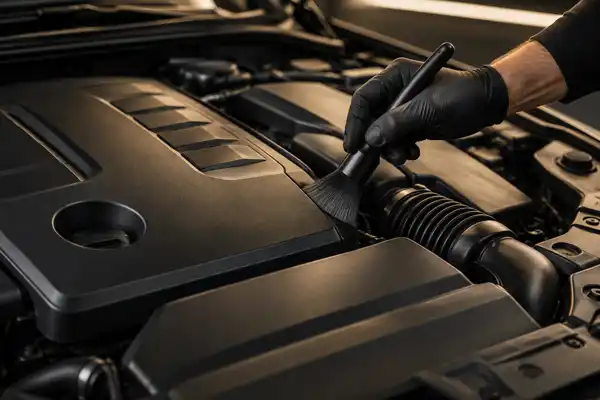 Limpeza cuidadosa do compartimento do motor com pincel