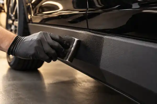 Tratamento de plástico externo na lateral inferior de carro preto