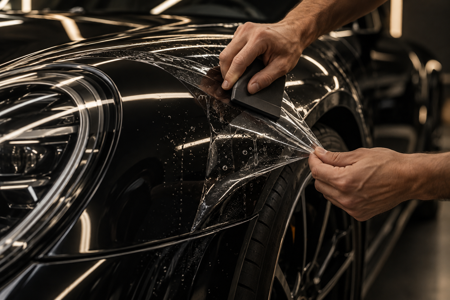 Aplicação de película transparente PPF na carroceria de um carro preto
