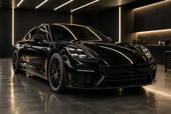Automóvel preto em ambiente de detalhamento