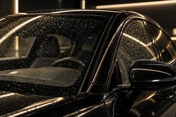 Para-brisa de carro preto com gotas de água